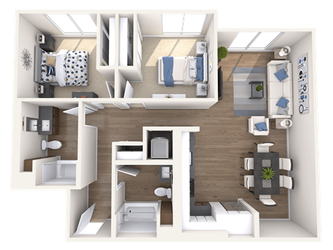 Floor plan for 2 beds, 2 baths, 1042 sqft